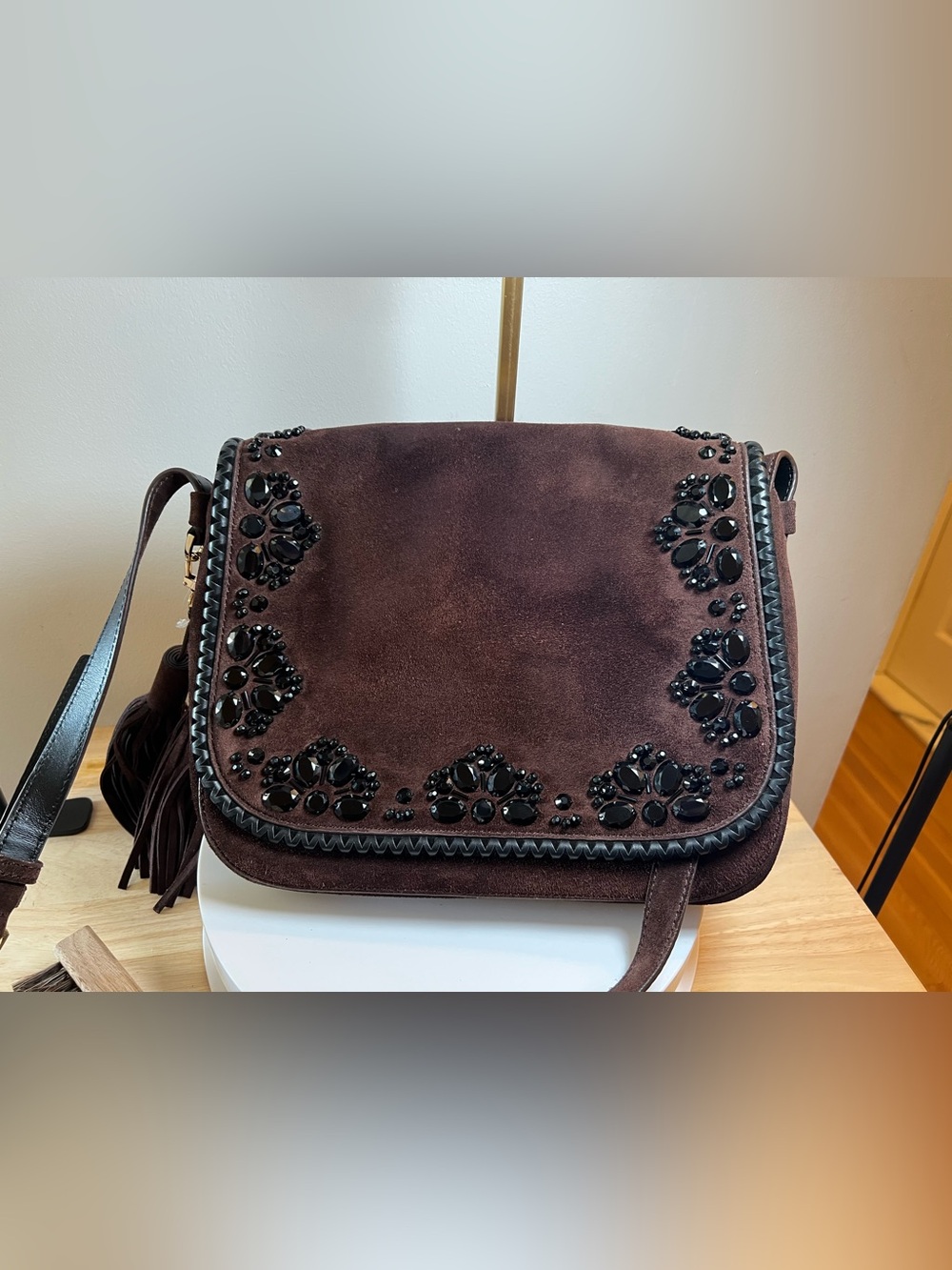 kate spade  Anderson Way Lietta Suede with Crystals Embellishment Saddle Bag EUC